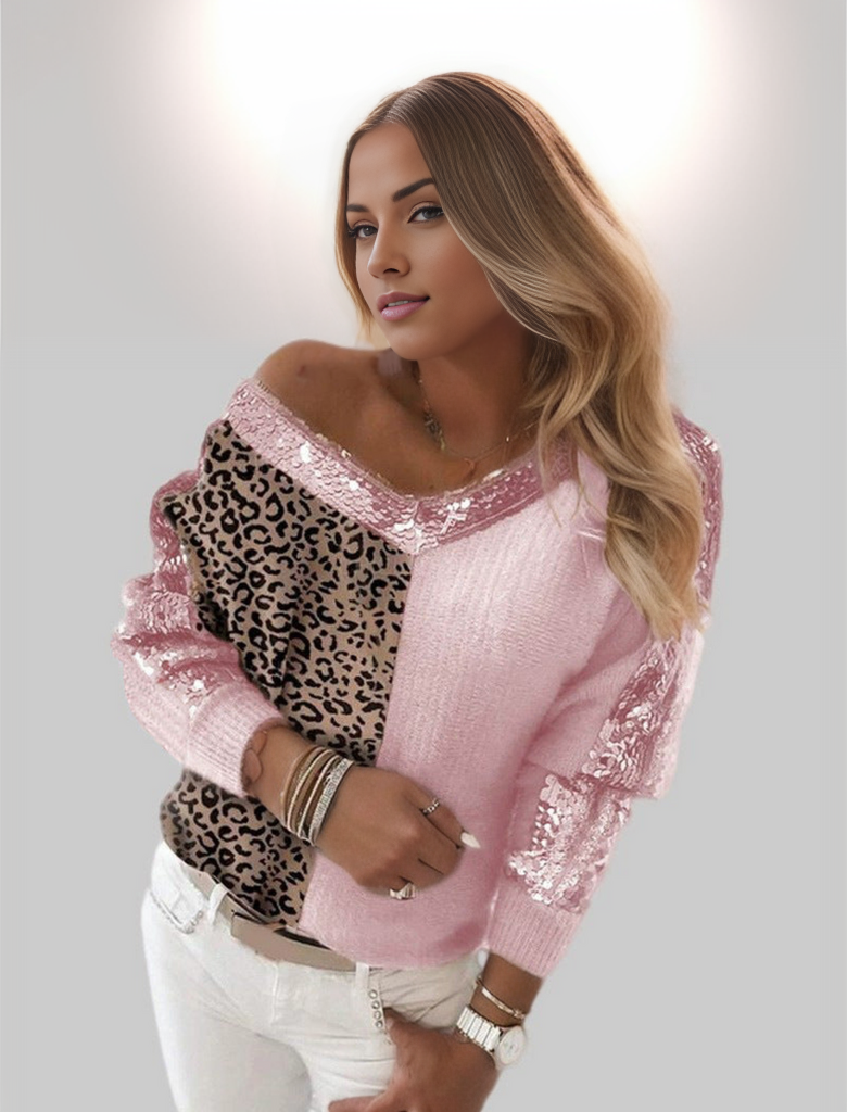 Wild Glam Two Toned Leopard Print Sequined Sweater