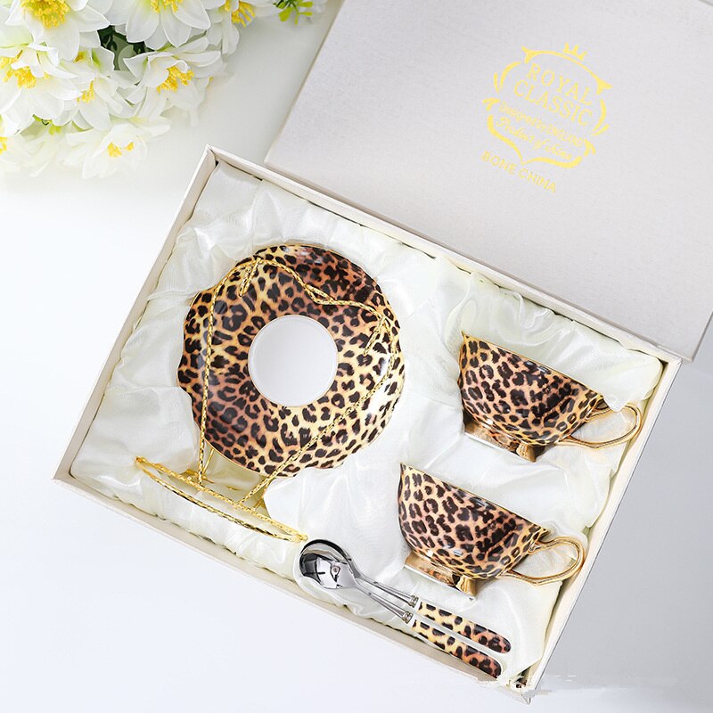 Vintage Feline Leopard Print Bone China Coffee Cup Set