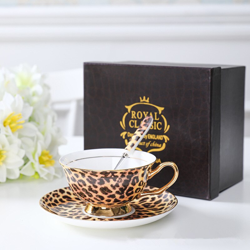 Vintage Feline Leopard Print Bone China Coffee Cup Set