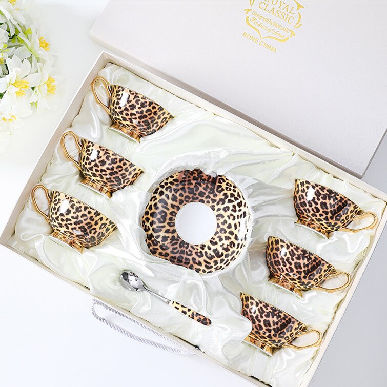 Vintage Feline Leopard Print Bone China Coffee Cup Set