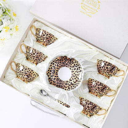 Vintage Feline Leopard Print Bone China Coffee Cup Set