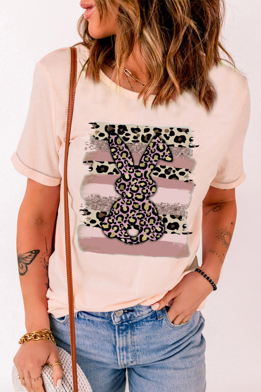 Peach Easter Leopard Bunny Graphic T-Shirt