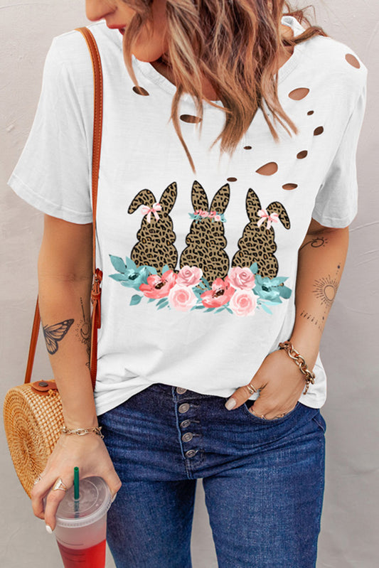 Floral Easter Bunny Graphic Distressed Tee Shirt