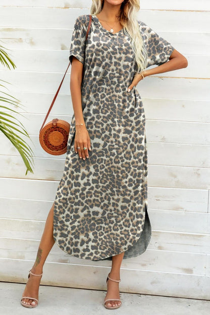 Whimsical Curved Hem V-Neck Dress - Printed Delight