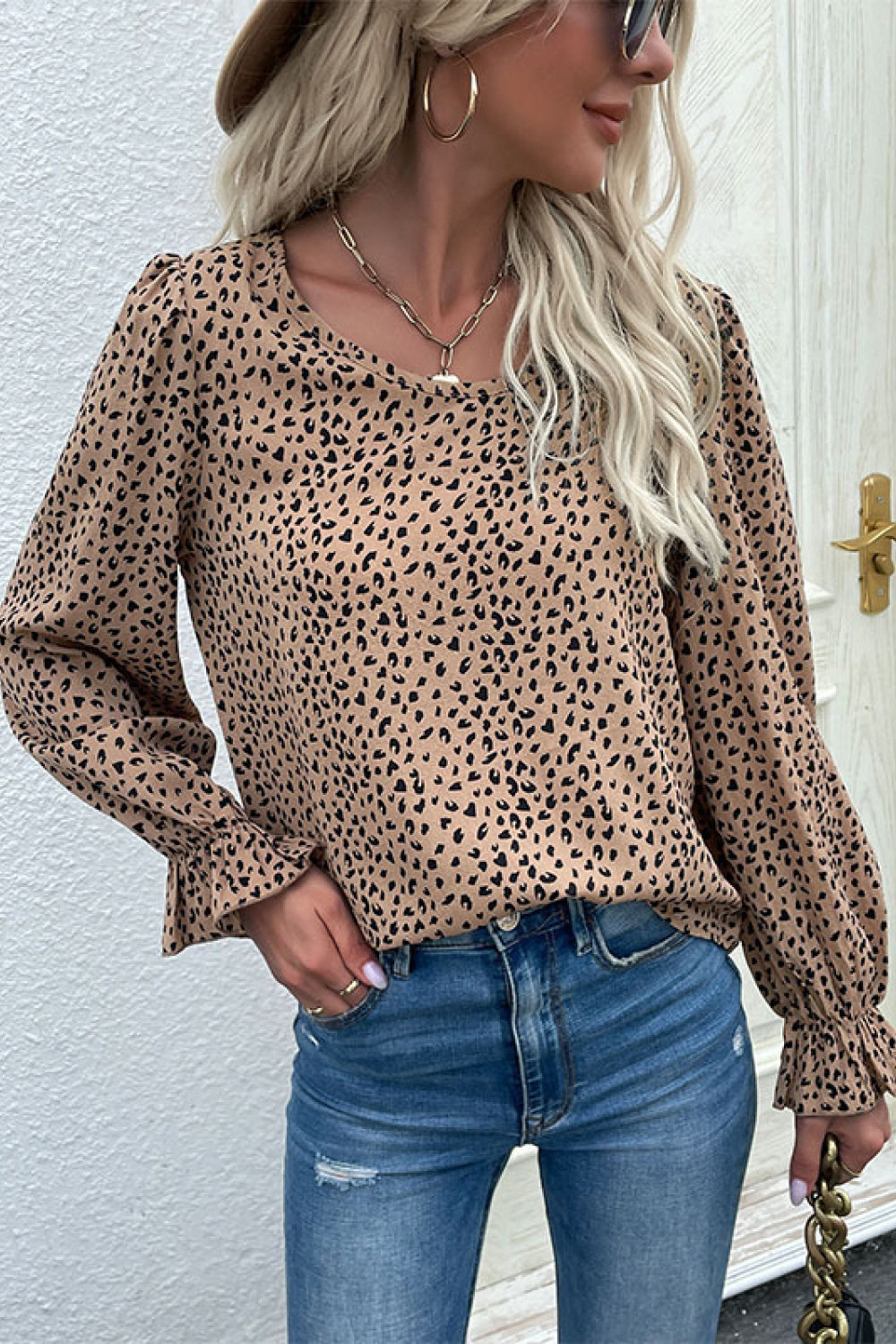 Flared Sleeve Round Neck Blouse With Animal Print