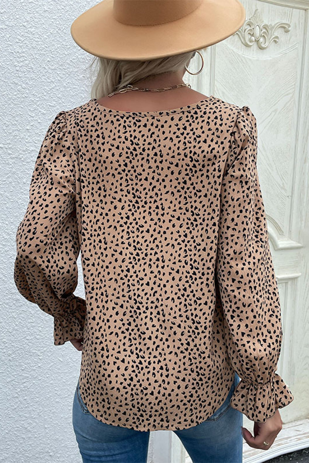 Flared Sleeve Round Neck Blouse With Animal Print