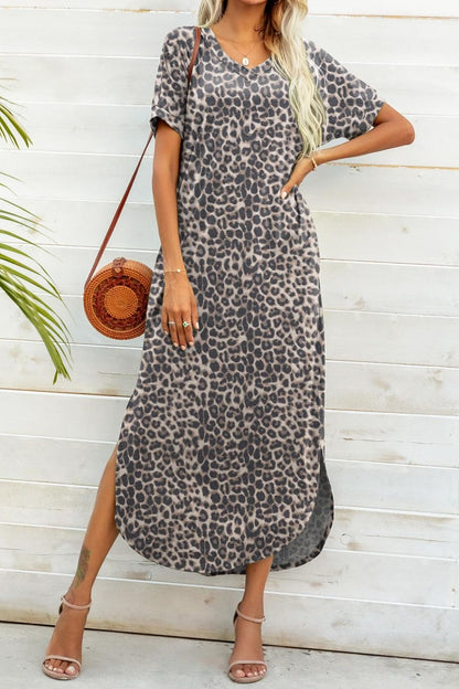 Whimsical Curved Hem V-Neck Dress - Printed Delight