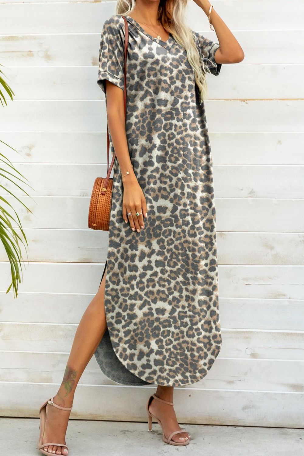 Whimsical Curved Hem V-Neck Dress - Printed Delight