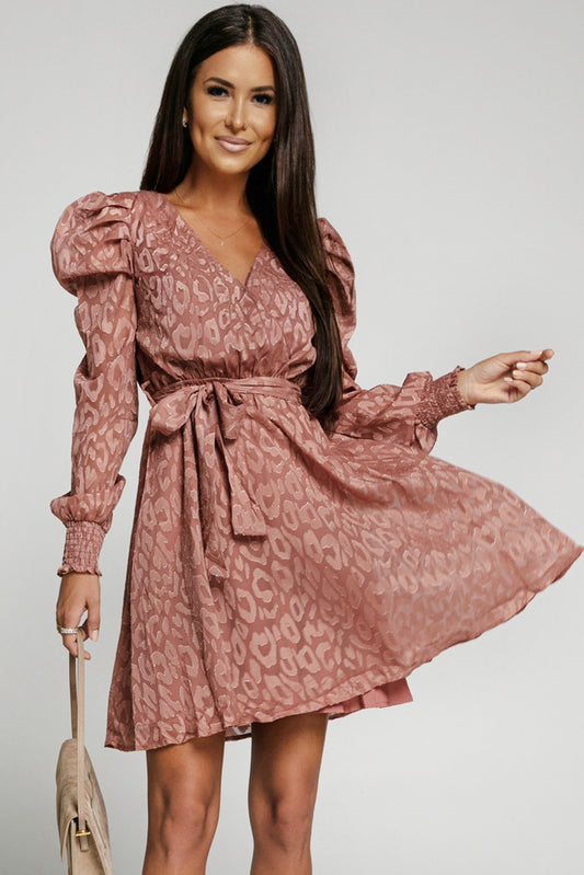 Feline Chic V-Neck Puff Sleeve Dress