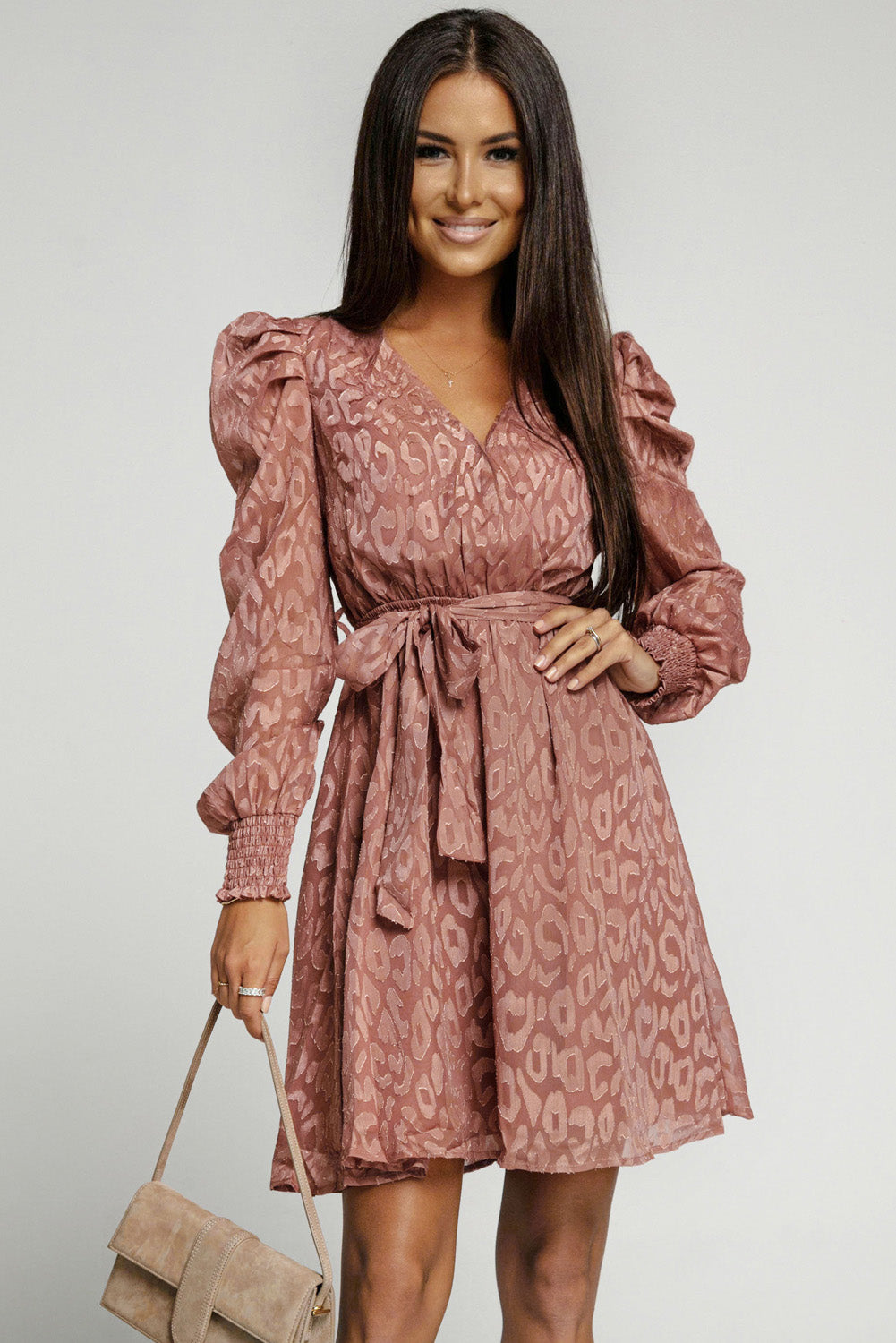 Feline Chic V-Neck Puff Sleeve Dress